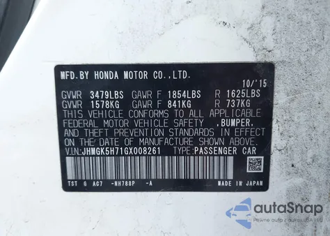 2016 Honda Fit Ex из США, поврежденный, VIN JHMGK5H71GX008261